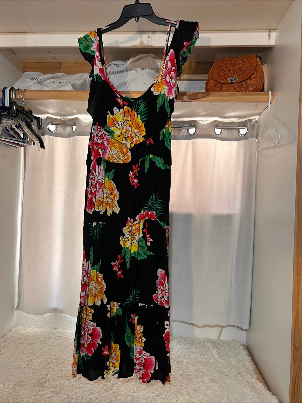 Old Navy Black Maxi Dress with Yellow, Pink & Green Floral Print